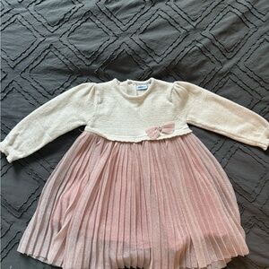 Mayoral Cream and Pink Pleated Puff Sleeve Dress